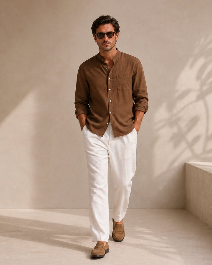 Men’s Mandarin Collar Shirt – Relaxed Fit Textured Cotton Shirt